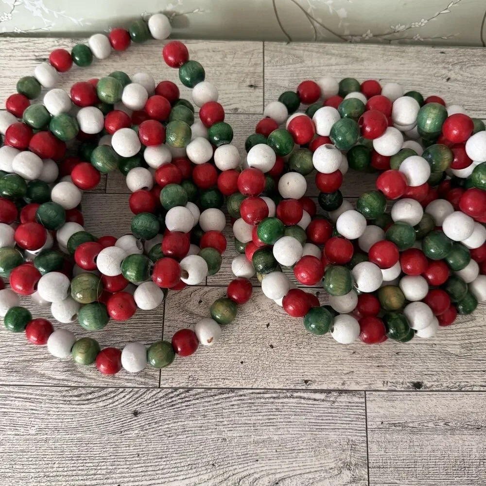 Vintage 9 ft WOODEN BEAD Christmas Tree Garland Strands Red Green White LOT OF 2